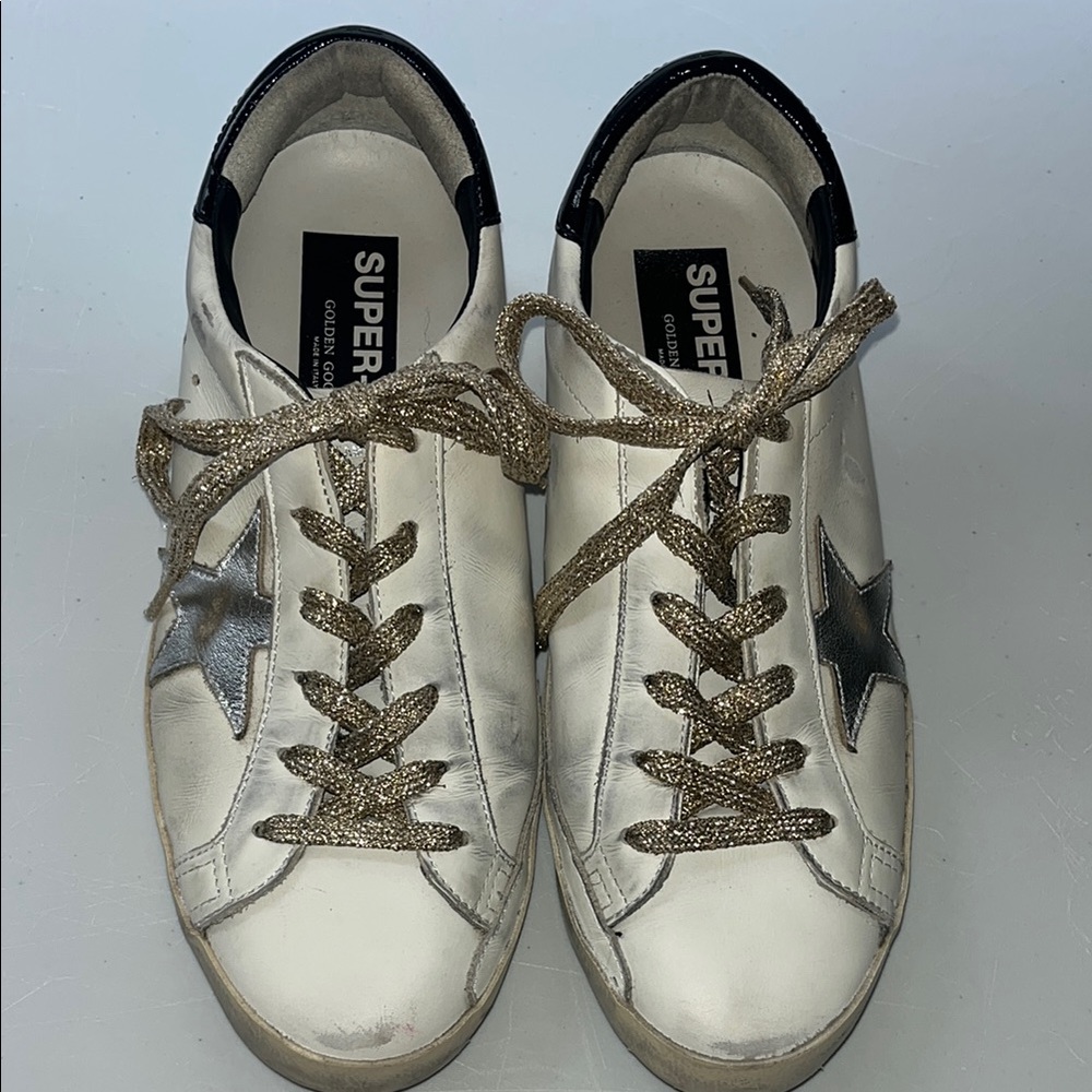 Super Star Golden Goose White Sneakers with Gold Laces and Star Detail
